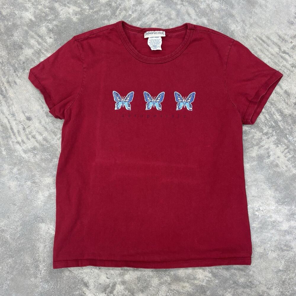 Vtg Y2K Aeropostale Red Baby Reels Butterfly Graphic Print Womens Medium 2000s